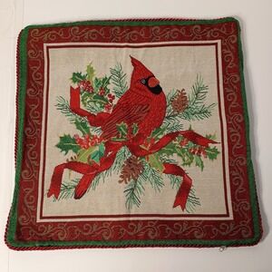 VTG Christmas Cardinal With Poinsettias Tapestry Throw Pillow Cover Only 17"